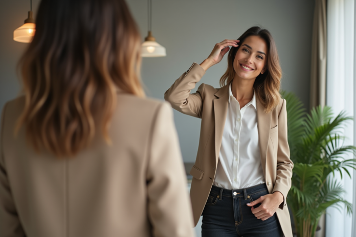 femme-chic-apparence-urbaine Femme élégante en blazer beige dans un appartement moderne