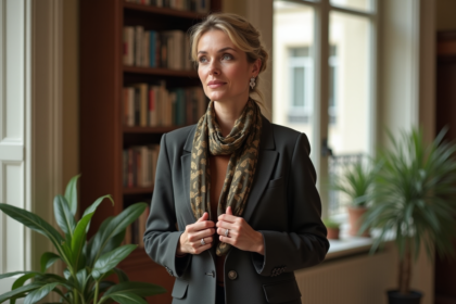 Femme élégante ajustant un foulard en soie dans un appartement parisien