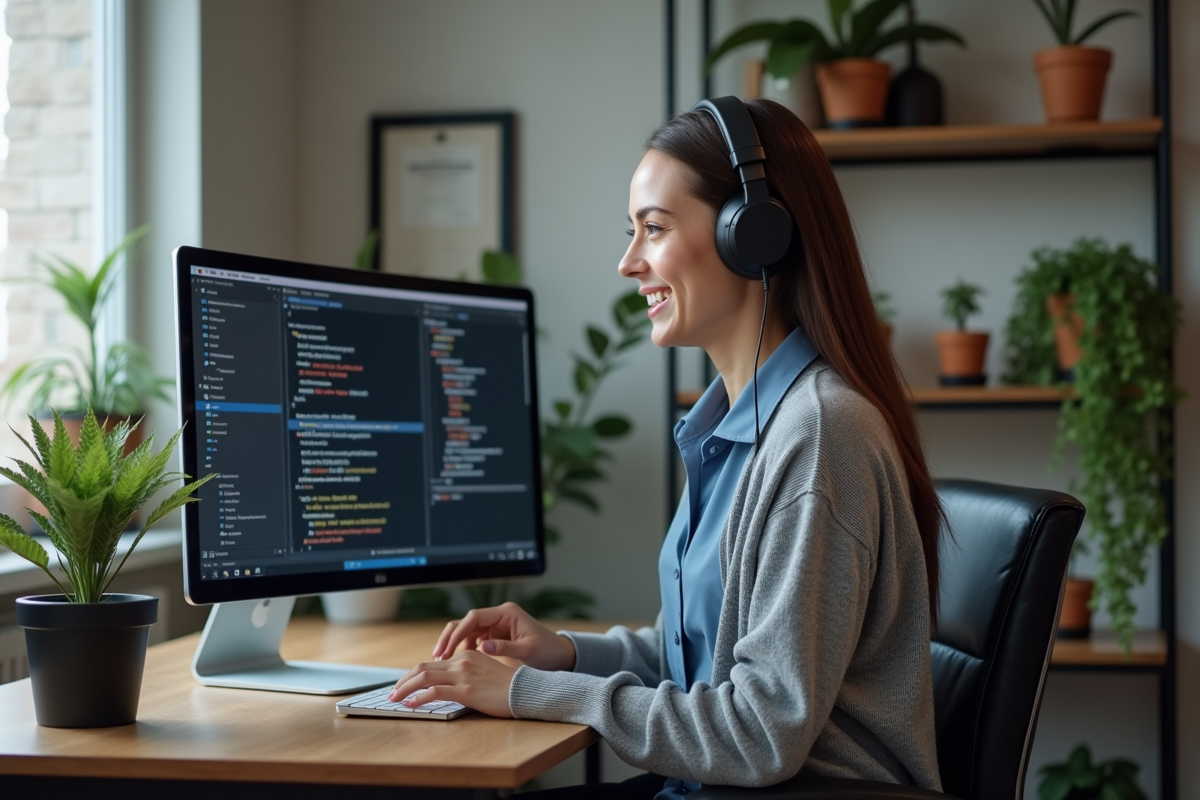 Femme souriante review code sur moniteur courbe