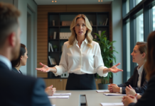 Fermeté sans autoritarisme : astuces et conseils pour s’affirmer positivement Femme confiante en réunion de bureau moderne