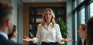 Fermeté sans autoritarisme : astuces et conseils pour s’affirmer positivement Femme confiante en réunion de bureau moderne