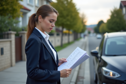 Jeune femme d'affaires vérifiant ses reçus dans la rue