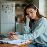 Économie des millennials : Ont-ils des économies pour l’avenir ? Jeune femme en cuisine avec ordinateur et calculatrice