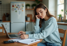 Économie des millennials : Ont-ils des économies pour l’avenir ? Jeune femme en cuisine avec ordinateur et calculatrice