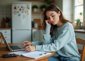 Économie des millennials : Ont-ils des économies pour l’avenir ? Jeune femme en cuisine avec ordinateur et calculatrice