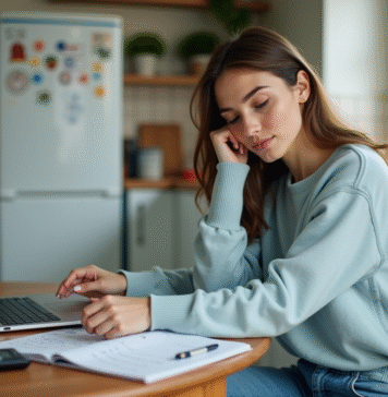 Jeune femme en cuisine avec ordinateur et calculatrice