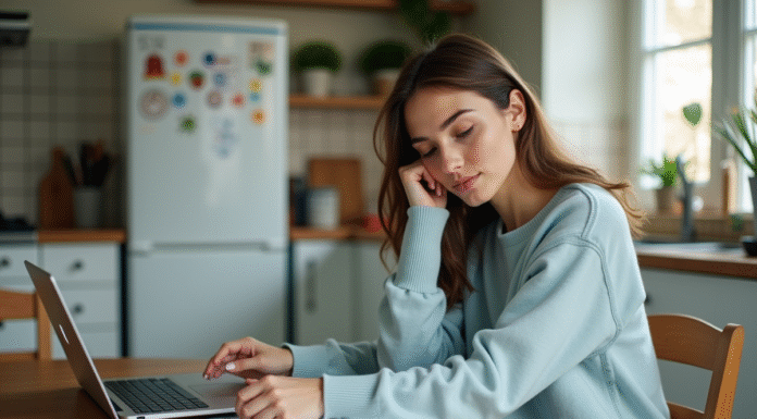 Économie des millennials : Ont-ils des économies pour l’avenir ? Jeune femme en cuisine avec ordinateur et calculatrice