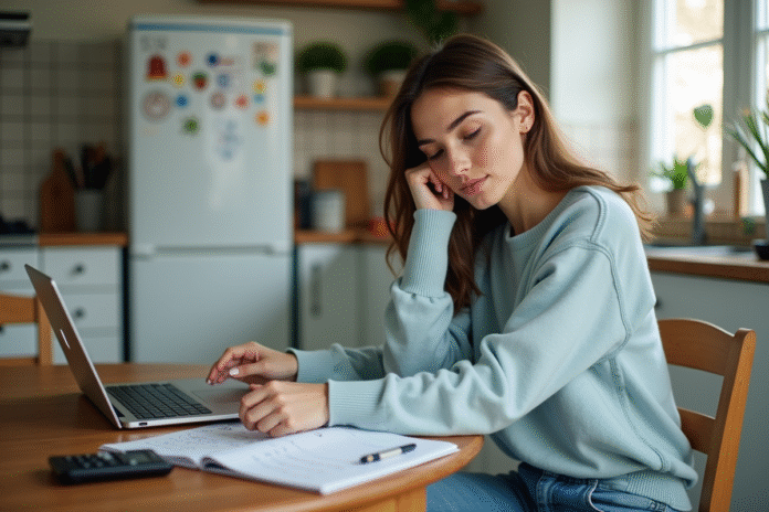 femme-cuisine-ordinateur Jeune femme en cuisine avec ordinateur et calculatrice