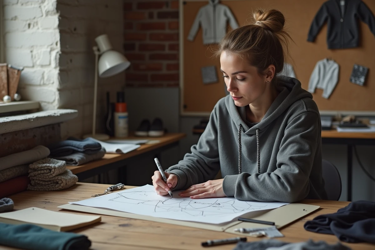 Femme sketchant un hoodie dans un atelier créatif