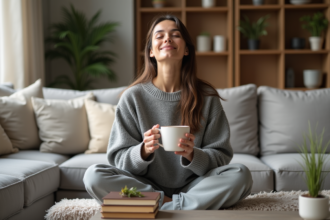 Femme détendue sirotant une tisane dans un salon cosy