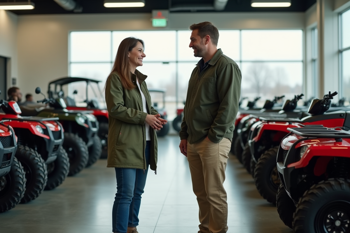 Femme discutant avec un vendeur de quads en showroom intérieur