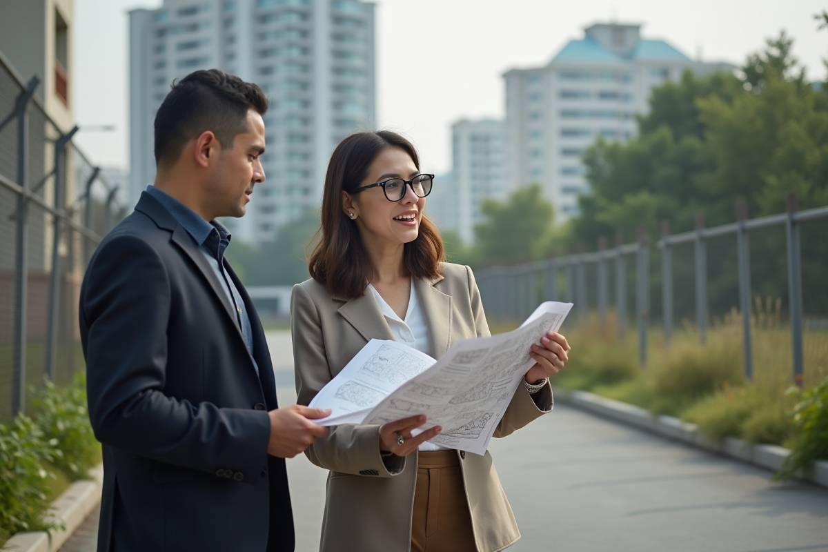 Femme discutant avec un officiel urbain devant un terrain en ville