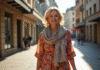Femme confiante en robe colorée dans une rue ensoleillée