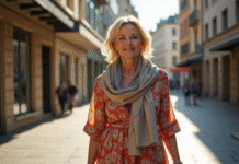 Femme confiante en robe colorée dans une rue ensoleillée