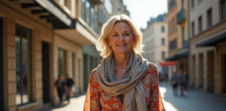 Femme confiante en robe colorée dans une rue ensoleillée