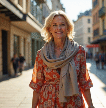 Femme confiante en robe colorée dans une rue ensoleillée