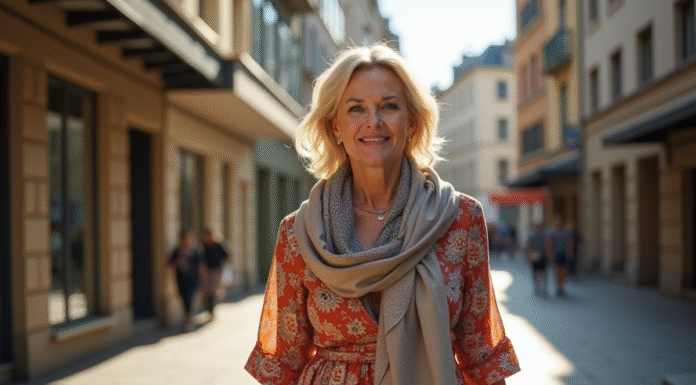 Femme confiante en robe colorée dans une rue ensoleillée
