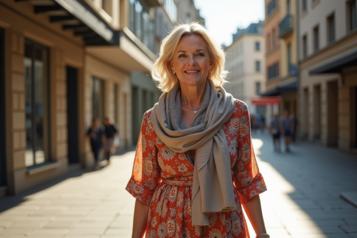 femme-elegante-vieille-ville Femme confiante en robe colorée dans une rue ensoleillée