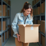 Trouver la meilleure box de stockage pour votre déménagement à Caen : nos conseils et astuces Jeune femme emballant une boxe de demenagement dans un local caen