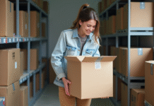 Trouver la meilleure box de stockage pour votre déménagement à Caen : nos conseils et astuces Jeune femme emballant une boxe de demenagement dans un local caen