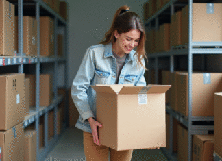 Jeune femme emballant une boxe de demenagement dans un local caen