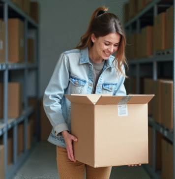 Trouver la meilleure box de stockage pour votre déménagement à Caen : nos conseils et astuces Jeune femme emballant une boxe de demenagement dans un local caen