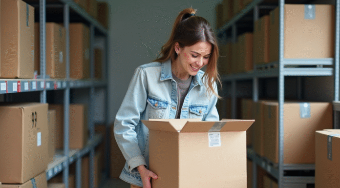 Trouver la meilleure box de stockage pour votre déménagement à Caen : nos conseils et astuces Jeune femme emballant une boxe de demenagement dans un local caen