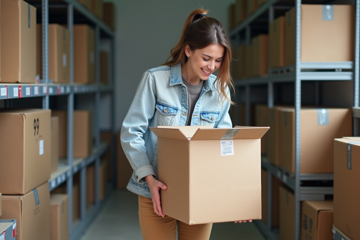 Jeune femme emballant une boxe de demenagement dans un local caen