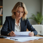 Femme d affaires examinant documents de location dans un appartement moderne