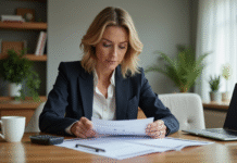 Femme d affaires examinant documents de location dans un appartement moderne