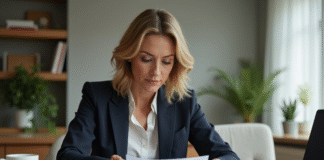 Femme d affaires examinant documents de location dans un appartement moderne
