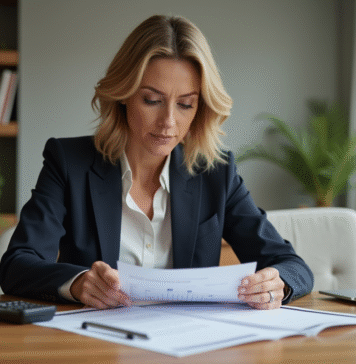 Femme d affaires examinant documents de location dans un appartement moderne