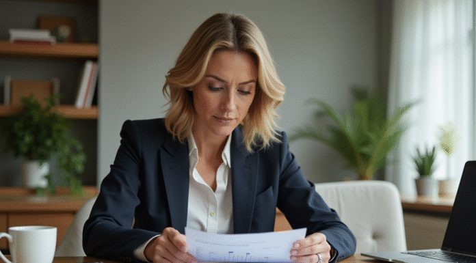 Femme d affaires examinant documents de location dans un appartement moderne