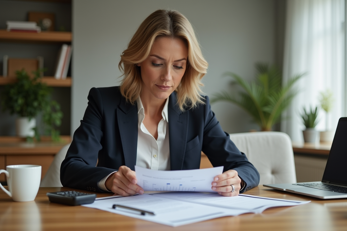 Femme d affaires examinant documents de location dans un appartement moderne