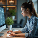 Interface Utilisateur en Informatique : Définition et Fonctionnement Expliqués Jeune femme au bureau interagit avec un grand écran tactile