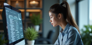 Jeune femme au bureau interagit avec un grand écran tactile