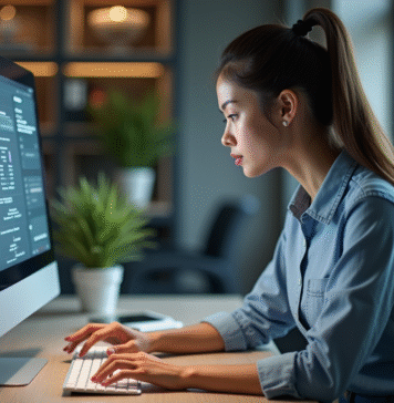 Interface Utilisateur en Informatique : Définition et Fonctionnement Expliqués Jeune femme au bureau interagit avec un grand écran tactile