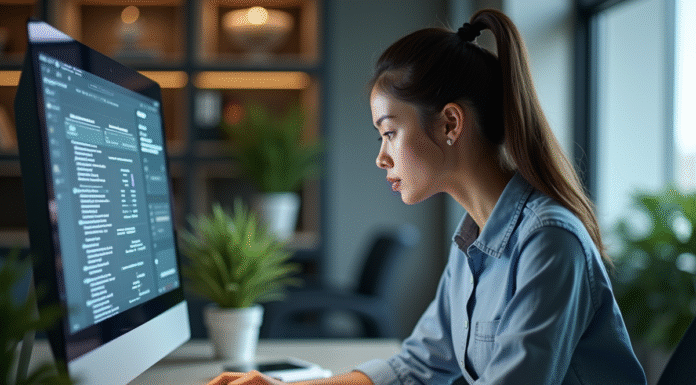 Interface Utilisateur en Informatique : Définition et Fonctionnement Expliqués Jeune femme au bureau interagit avec un grand écran tactile