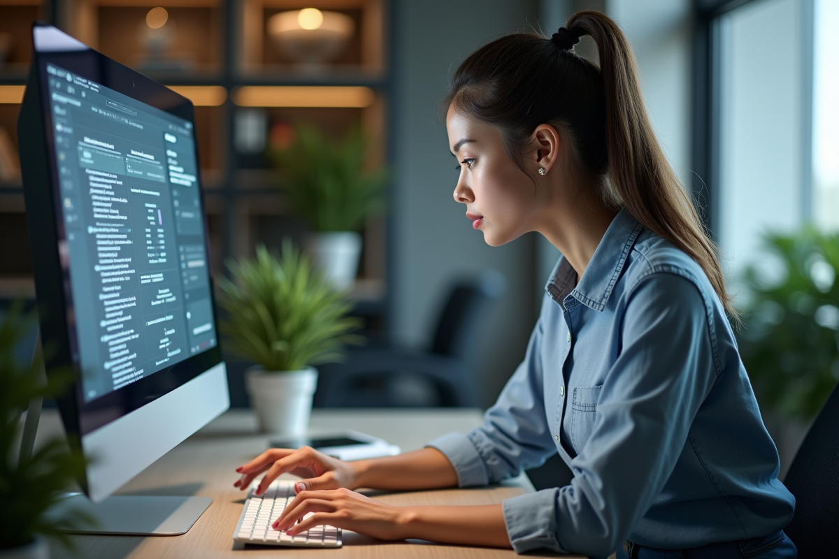 Jeune femme au bureau interagit avec un grand écran tactile
