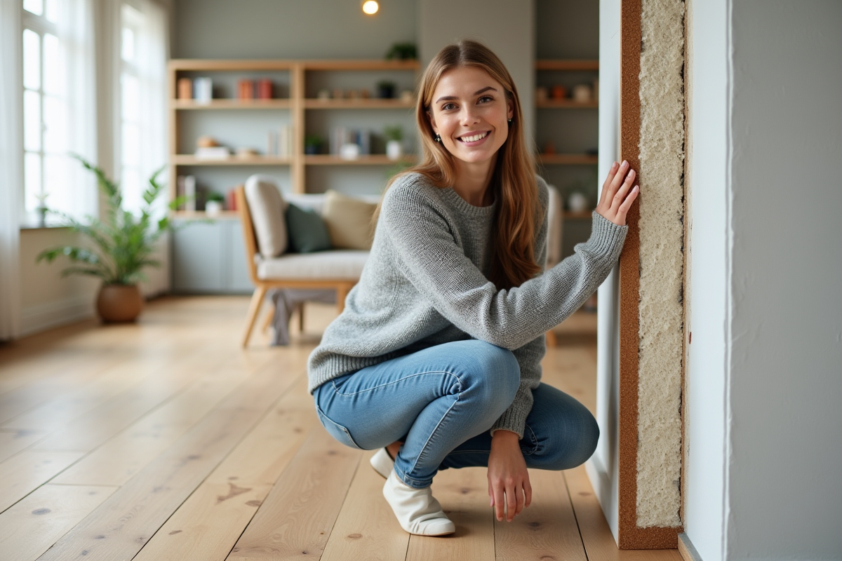 Jeune femme près d une cloison isolée dans un salon