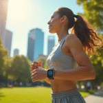Marcher pour la forme : traduction de vos 5000 pas en kilomètres Femme marchant dans un parc ensoleille avec un tracker fitness