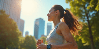 Femme marchant dans un parc ensoleille avec un tracker fitness