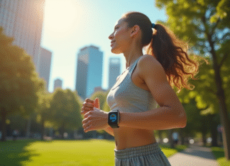 Femme marchant dans un parc ensoleille avec un tracker fitness