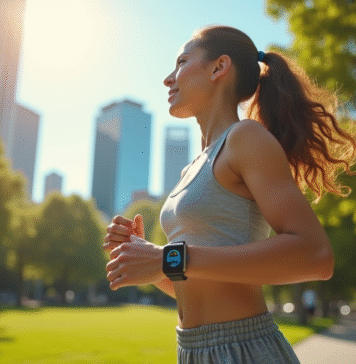 Marcher pour la forme : traduction de vos 5000 pas en kilomètres Femme marchant dans un parc ensoleille avec un tracker fitness