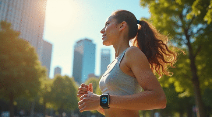 Marcher pour la forme : traduction de vos 5000 pas en kilomètres Femme marchant dans un parc ensoleille avec un tracker fitness