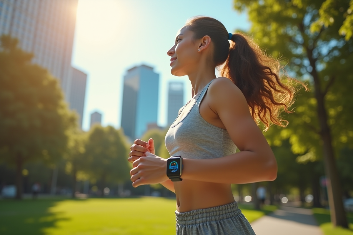 Femme marchant dans un parc ensoleille avec un tracker fitness
