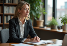 IA et humanité : pourquoi l’intelligence artificielle ne peut-elle pas remplacer les humains ? Femme d'âge moyen dans un bureau moderne en tenue professionnelle