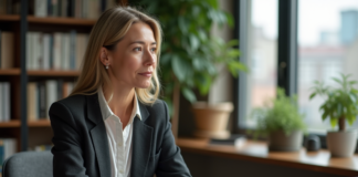 IA et humanité : pourquoi l’intelligence artificielle ne peut-elle pas remplacer les humains ? Femme d'âge moyen dans un bureau moderne en tenue professionnelle