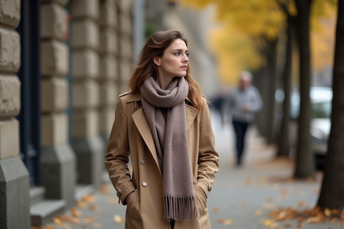 Femme en trench marche dans une rue automnale