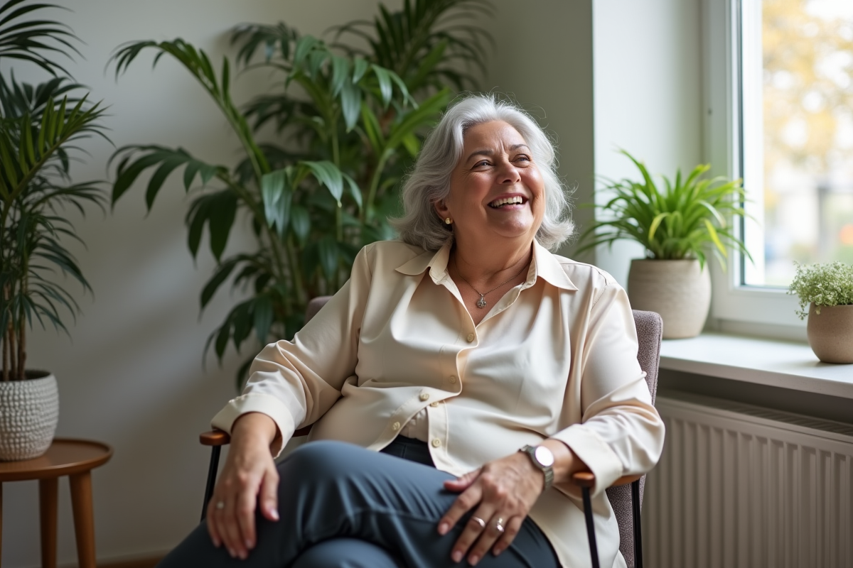Femme âgée en pantalon chic dans un salon lumineux